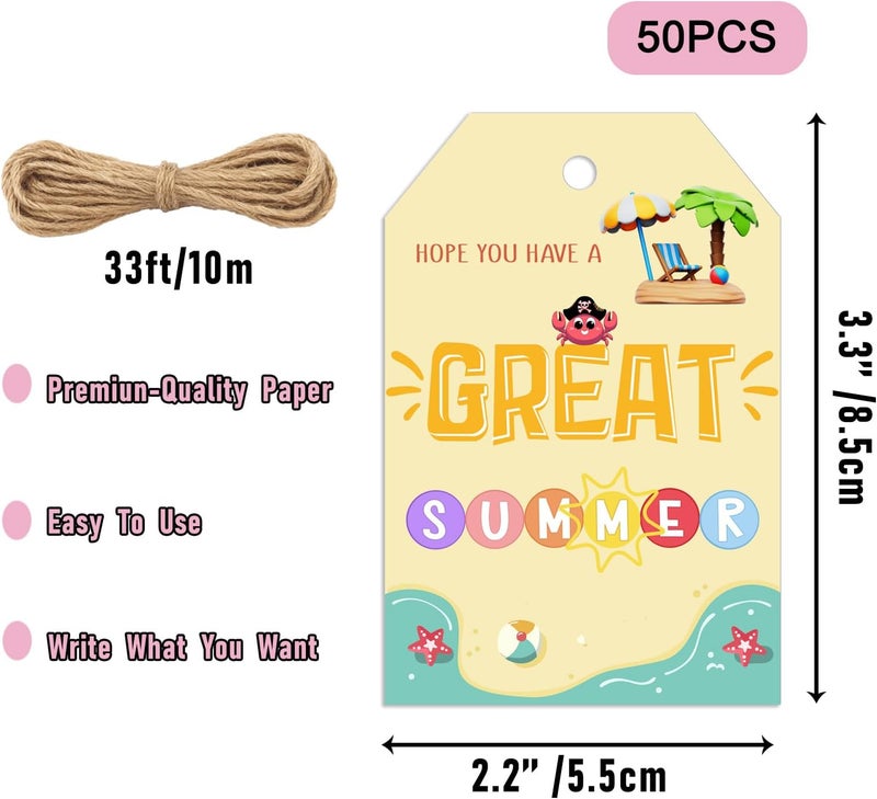 llyinglpdec 50PCS Summer Paper Tags with String, 2.2"x3.3" Hope You Have a Great Summer Tags, Beach Ocean Design for Teacher Gifts, Classroom Treat Bags, Party Favors - Image 2
